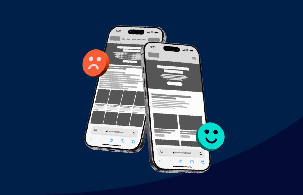 To smartphones vises side om side på en mørkeblå baggrund. Den ene skærm viser et webstedsdesign med en trist emoji, mens den anden viser et gladere design med en smilende emoji, hvilket illustrerer forskellige brugeroplevelser / user experiences (UX).