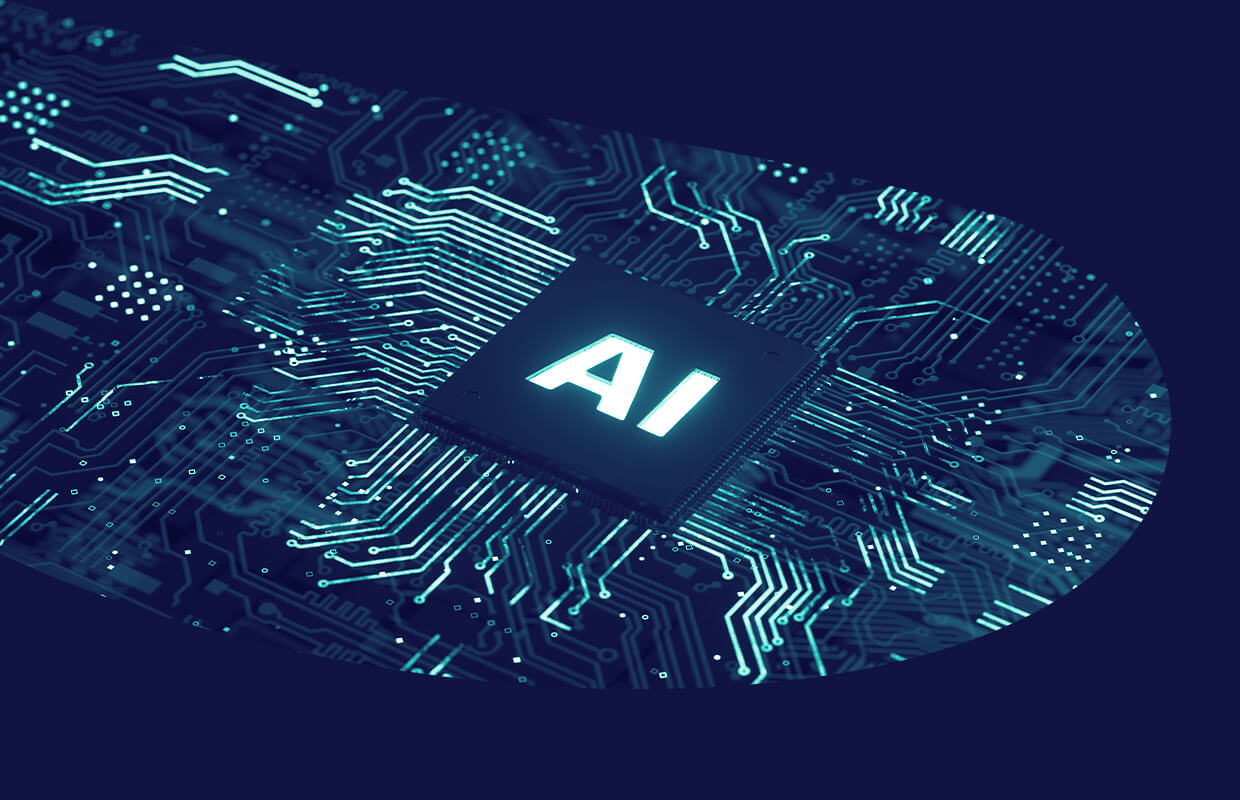 Et nærbillede af et kredsløbskortdesign med bogstaverne "AI" tydeligt vist på en mørk baggrund, der fremhæver temaet AI og tillid.