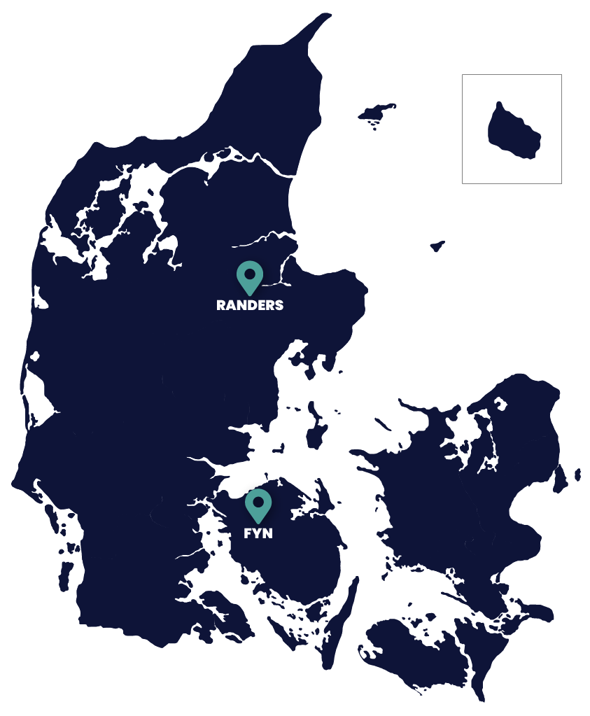 Danmarks kort med pin ved Side-Walk i Randers og på Fyn